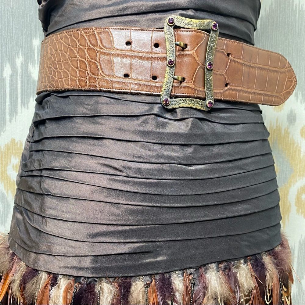 Ralph Lauren Vintage Brown Ruched Silk Taffeta Pheasant Feather Cocktail Dress - Picture 10 of 16
